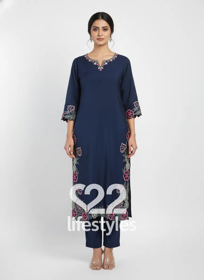 Midnight Blue Muslin Readymade Salwar Suit Set