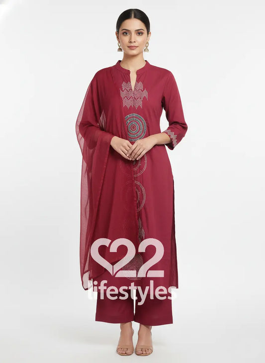 Maroon Cotton Readymade Salwar Suit Set