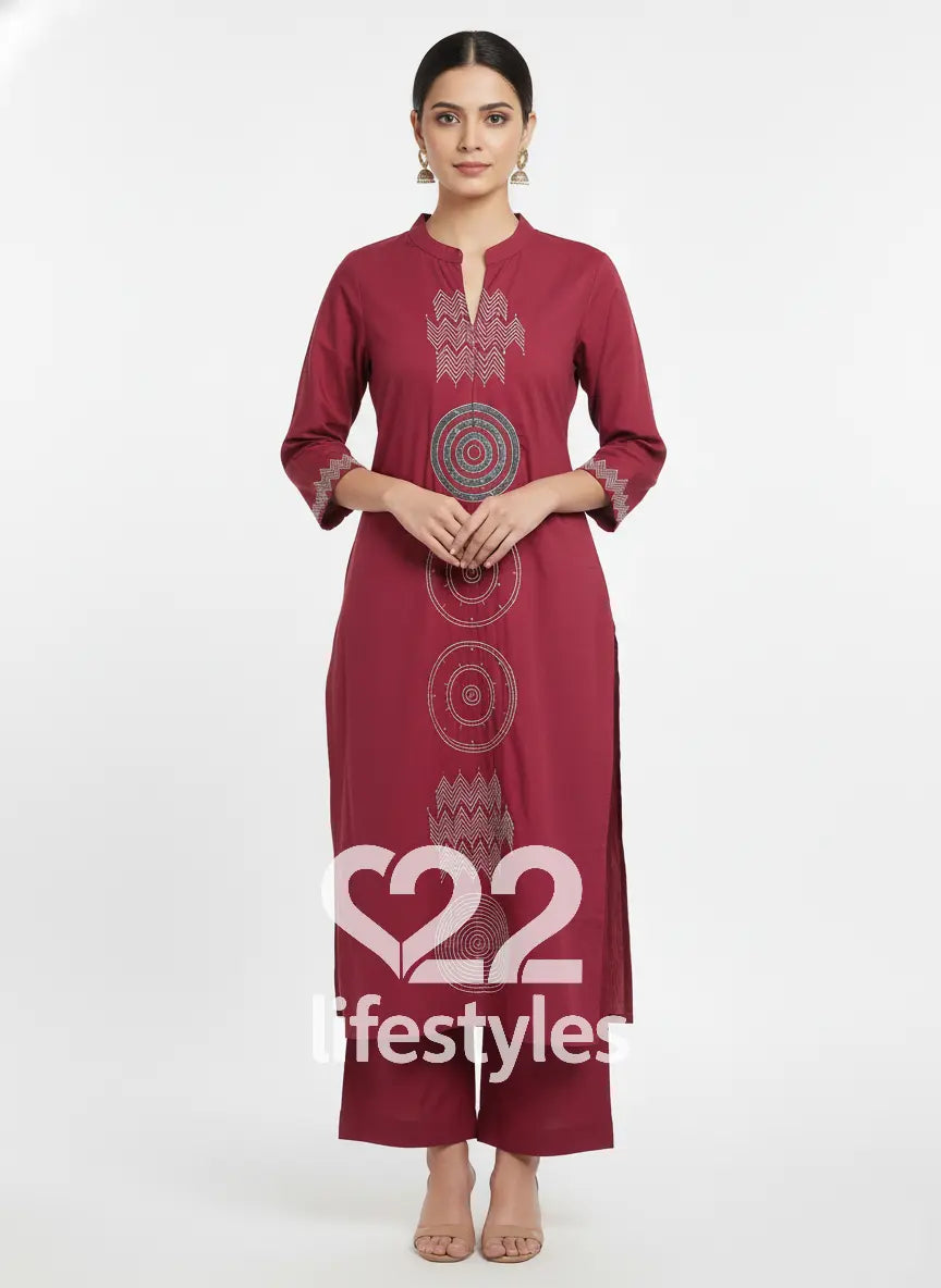 Maroon Cotton Readymade Salwar Suit Set