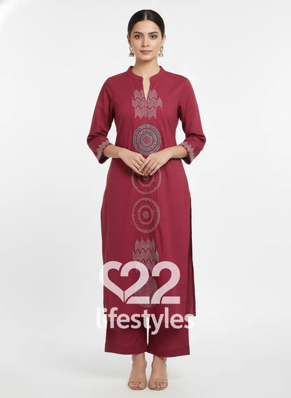 Maroon Cotton Readymade Salwar Suit Set