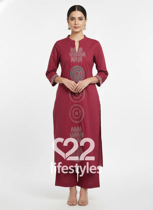 Maroon Cotton Readymade Salwar Suit Set