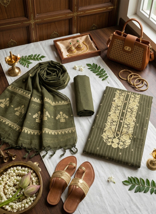Handloom Sage Green Salwar Suit Dress Material