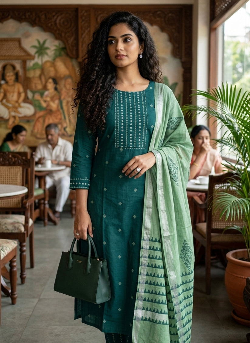 Handloom Blue kurti pant Dupatta sets