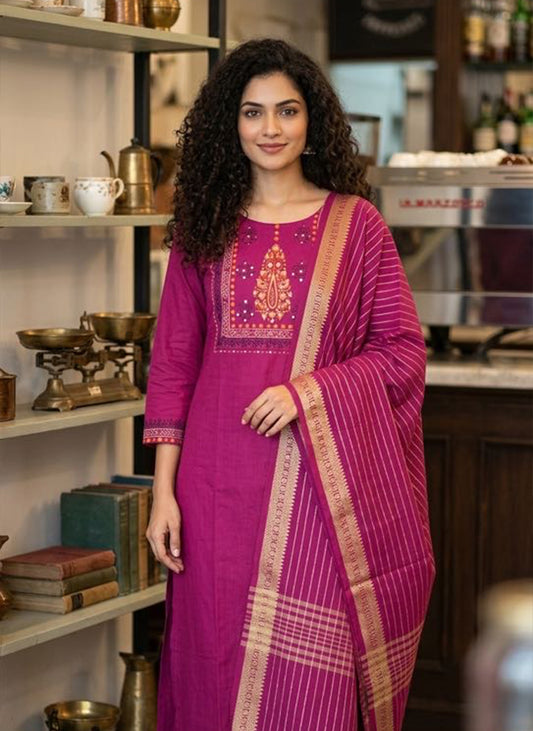 Handloom Pink Kurti Pant Dupatta Set