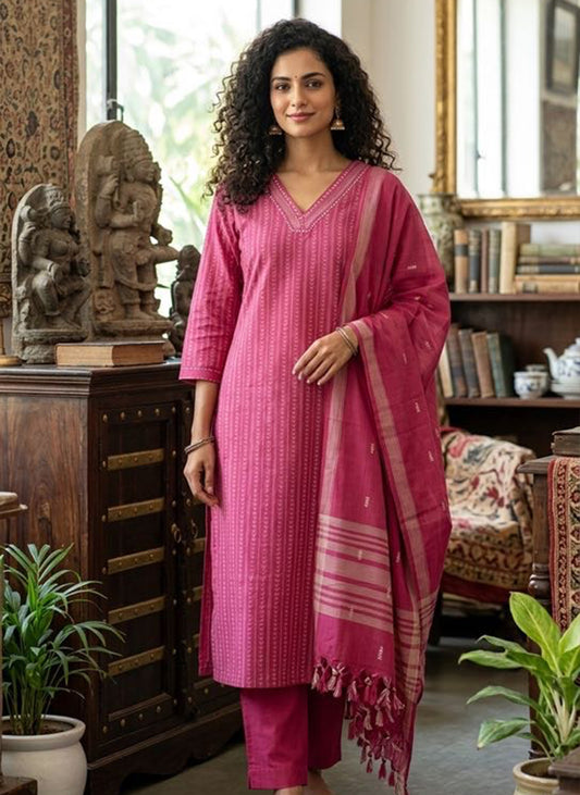 Handloom Pink Kurti Pant Dupatta Set
