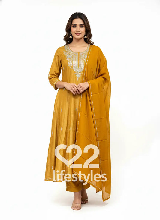 Mustard Yellow White Thread Embroidery Anarkali Suit
