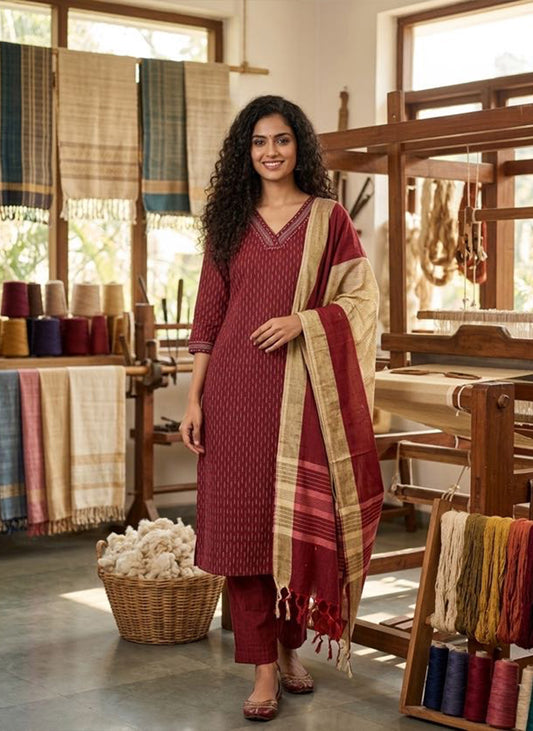 Handloom Maroon Kurti Pant Dupatta Set