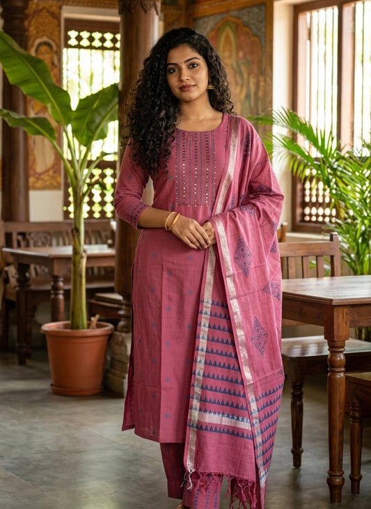 Handloom Pink kurti pant Dupatta sets