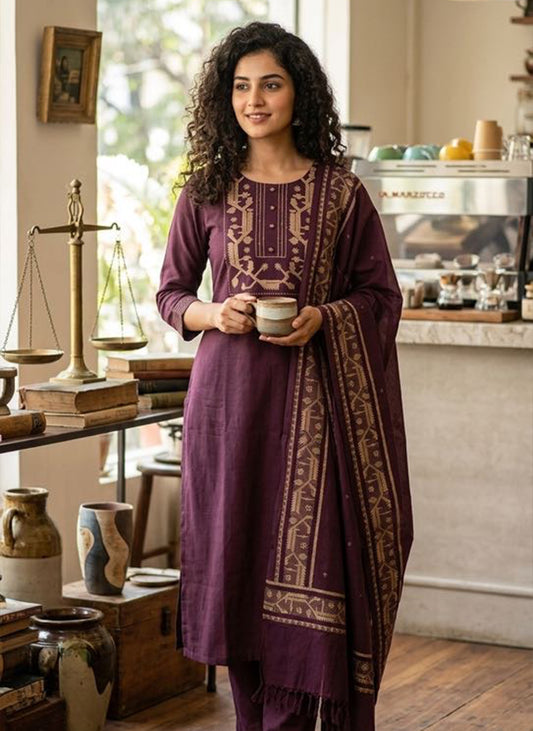 Handloom Violet Kurti Pant Dupatta Set