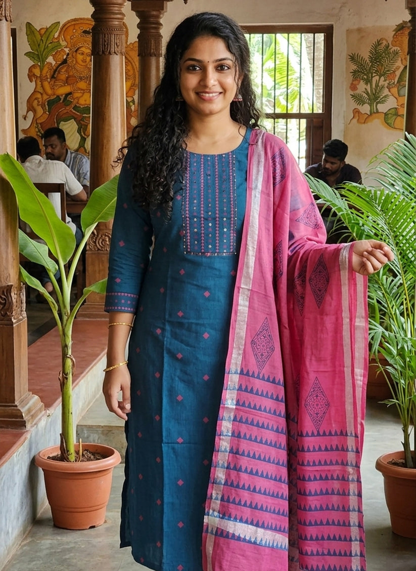 Handloom Printed kurti pant Dupatta sets