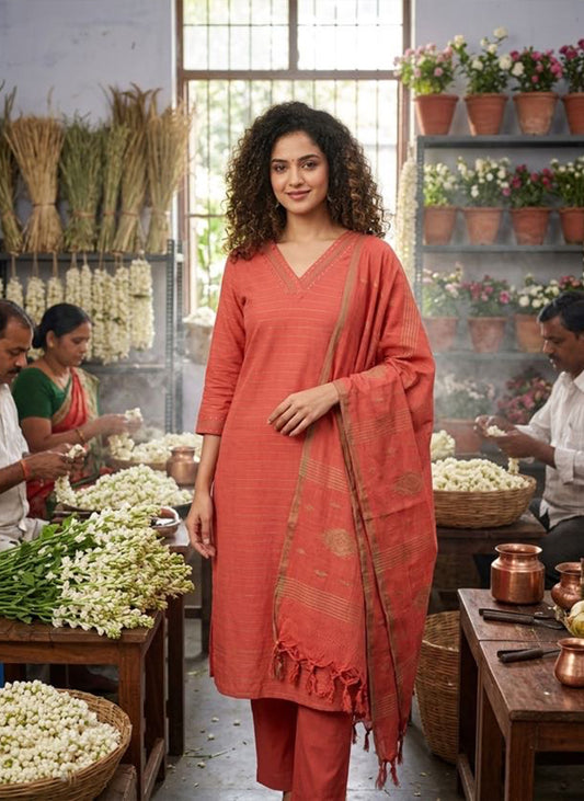 Handloom Orange Kurti Pant Dupatta Set