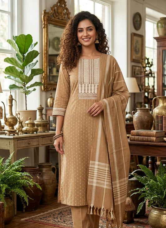 Handloom Beige Kurti Pant Dupatta Set