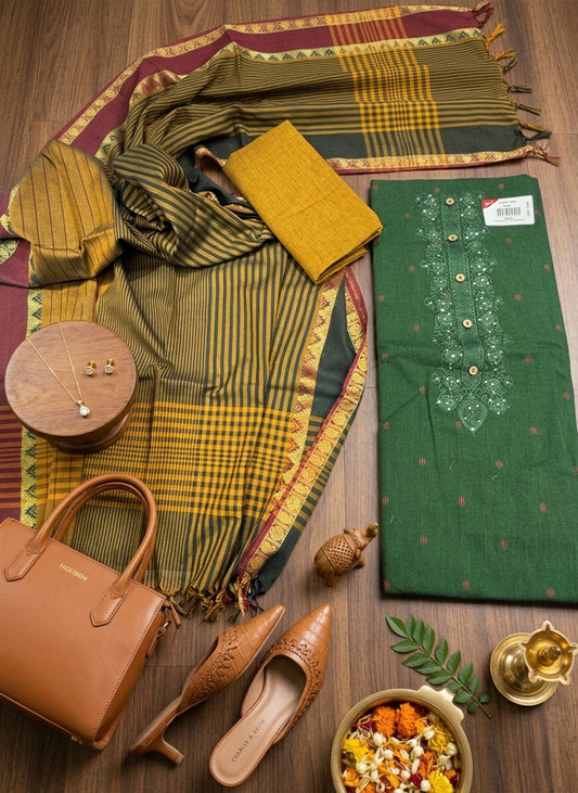 Handloom Bottle Green Salwar Suit Dress Material