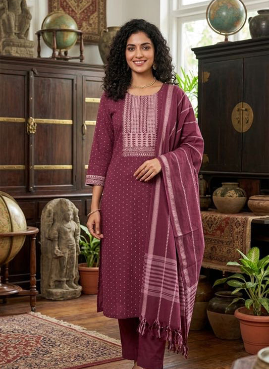 Handloom Purple Kurti Pant Dupatta Set