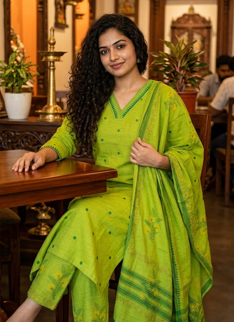 Handloom Green kurti pant Dupatta sets