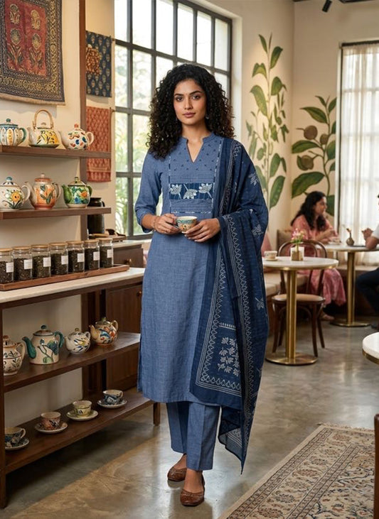 Handloom Blue Kurti Pant Dupatta Set