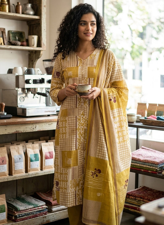 Handloom Gold Kurti Pant Dupatta Set