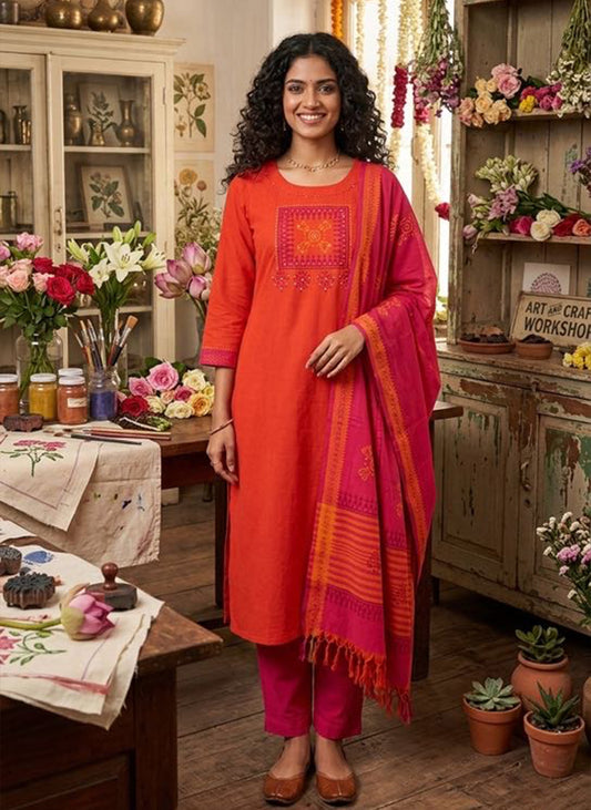 Handloom Orange Kurti Pant Dupatta Set