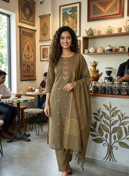 Handloom Roman Green Kurti Pant Dupatta Set