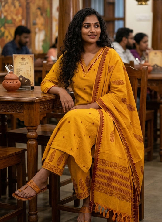 Handloom Mustard kurti pant Dupatta sets
