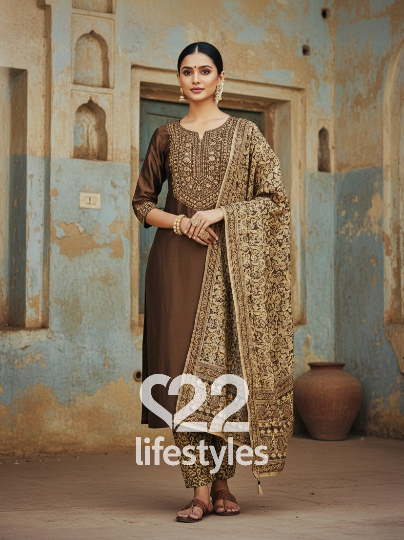 Pure Cotton Silk Kalamkari Straight Suit Set