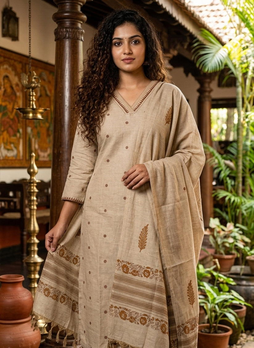 Handloom Beige kurti pant Dupatta sets