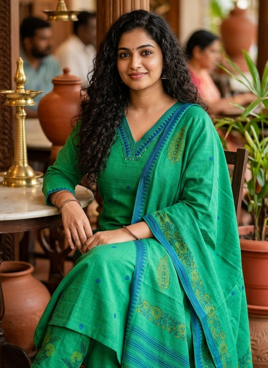 Handloom Sea Green kurti pant Dupatta sets