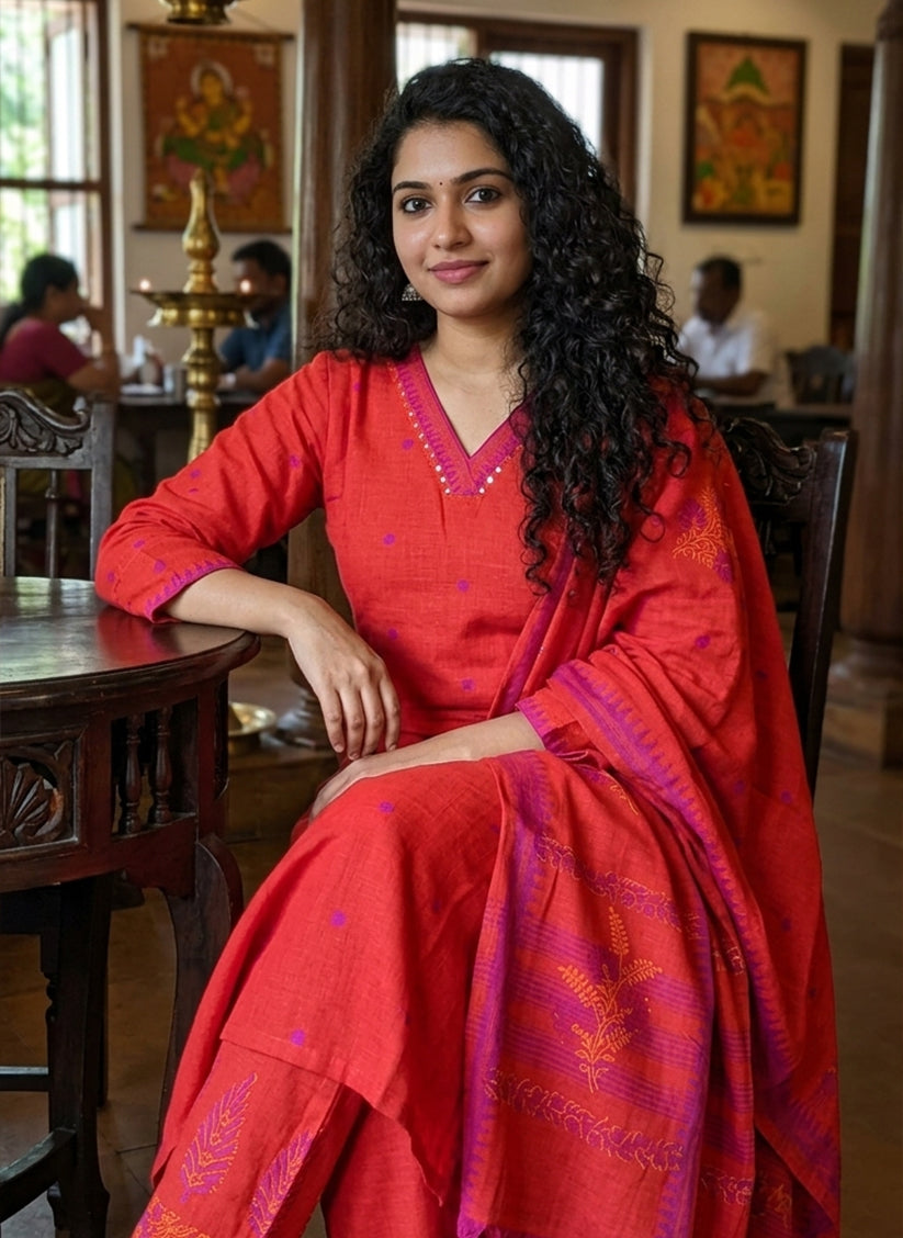 Handloom Red kurti pant Dupatta sets