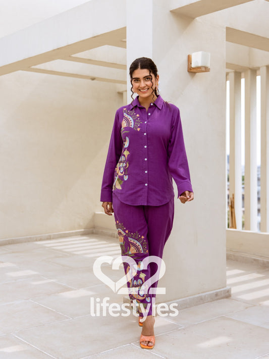 Purple Embroidery Co-ord-Set Readymade