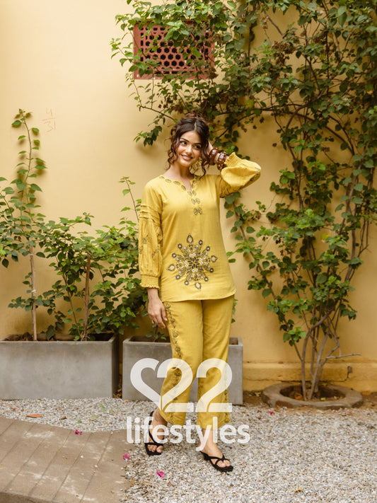 Mustard Embroidery Co-ord-Set Readymade