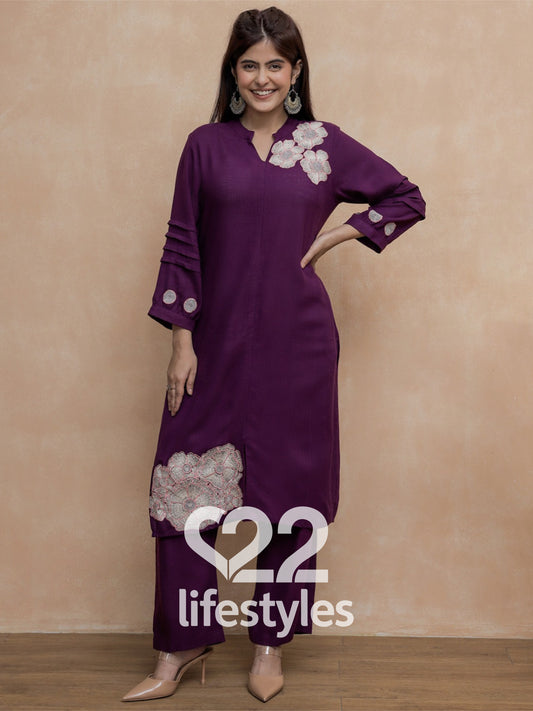 Dark Purple Embroidery Co-ord-Set Readymade