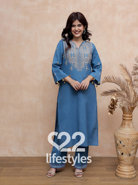 Blue Neckline Embroidery Co-ord-Set Readymade