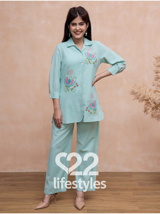 Light sea Green Embroidery Co-ord-Set Readymade