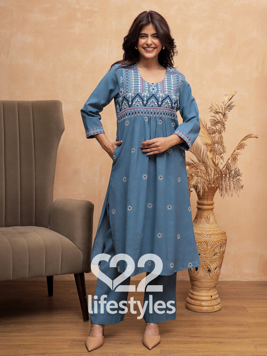 Blue Embroidery Co-ord-Set Readymade