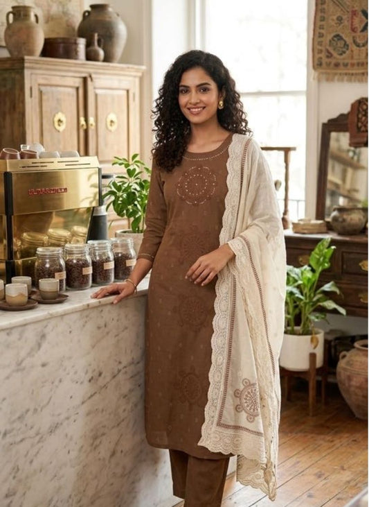Handloom Brown Kurti pant Dupatta set