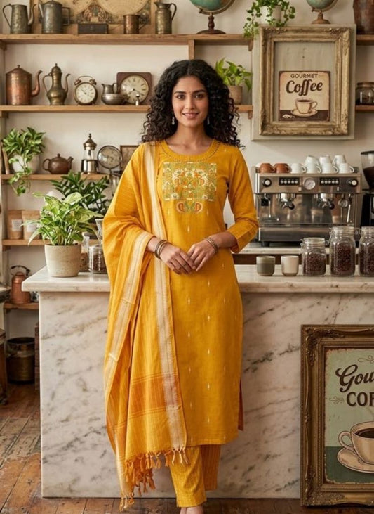 Handloom Golden Yellow Kurti Pant Dupatta set