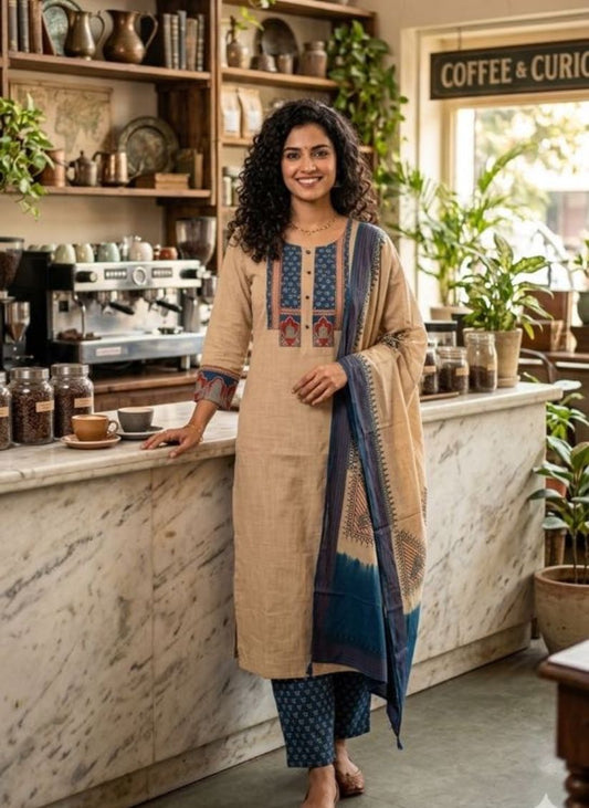Handloom Khaki Blue Kurti Pant Dupatta set