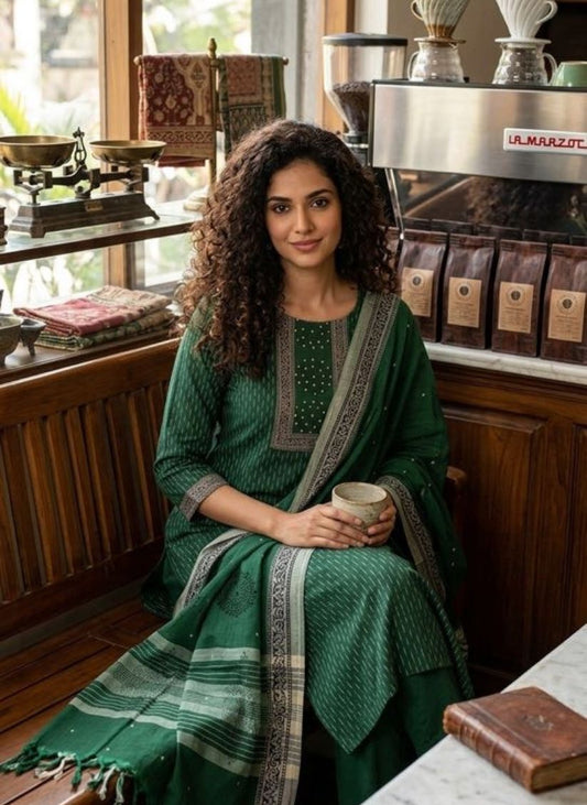 Handloom Dark Green Kurti Pant Dupatta set