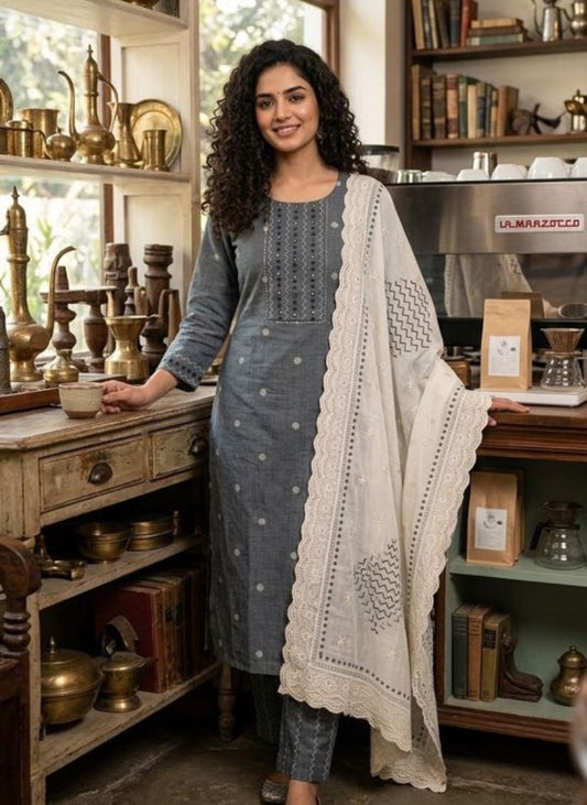 Handloom Grey Kurti Pant Dupatta set