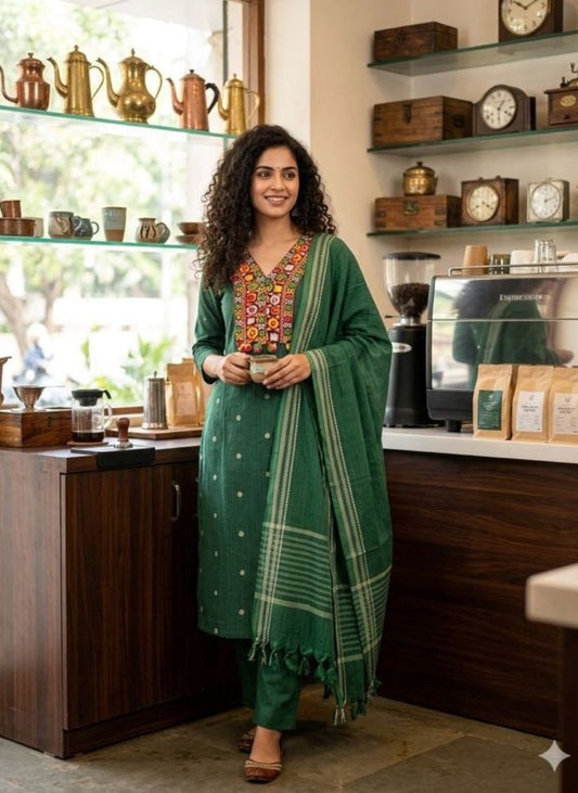 Handloom V Neck Green Kurti Pant Dupatta set