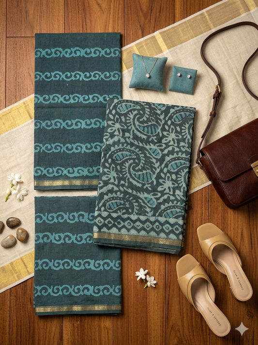 Mul Chanderi Blue Printed Dress Material