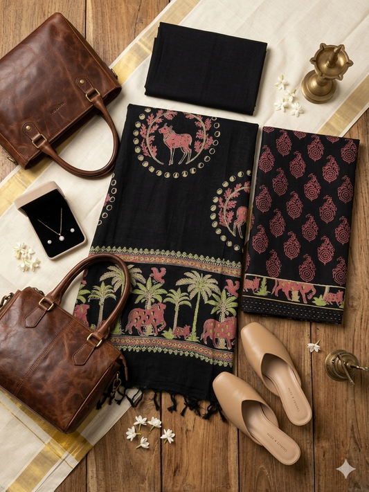 Mul Chanderi Black Printed Dress Material
