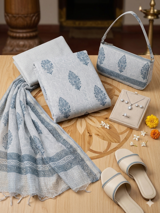 Mul Chanderi Blue Dress Material