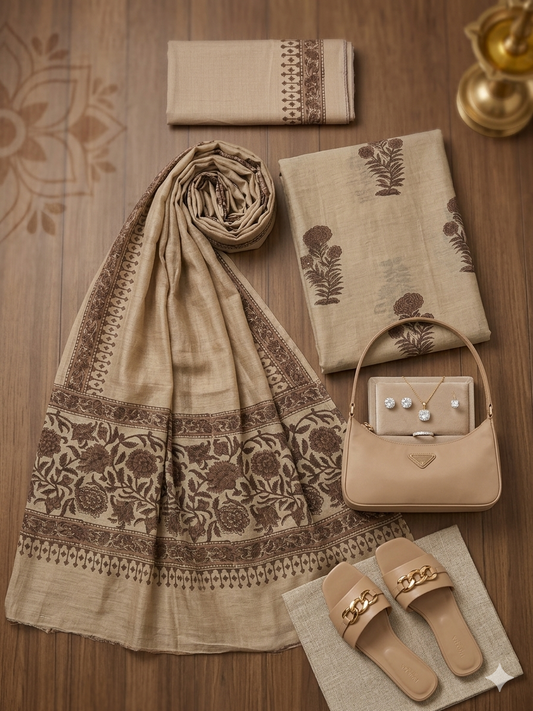 Mul Chanderi Beige Dress Materials