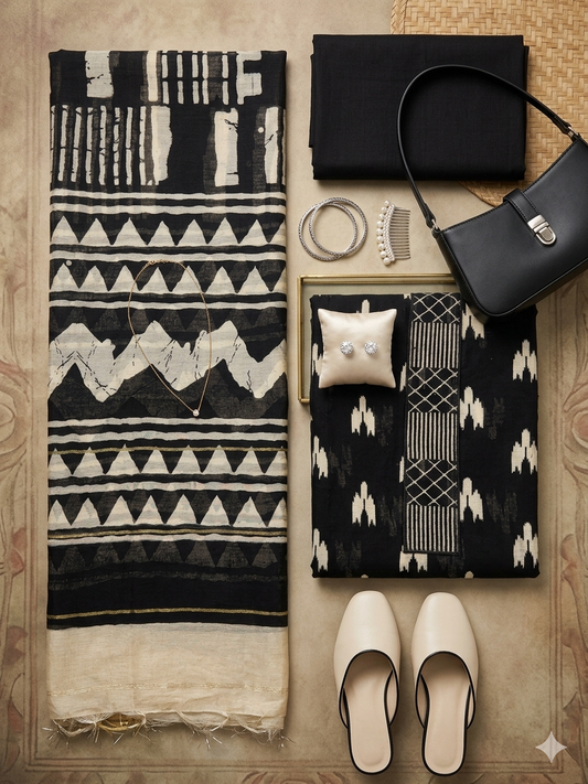 Mul Chanderi Black Dress Materials