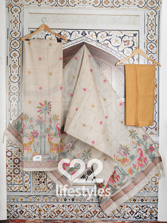 Beige Jamdani Unstitched Salwar Suit