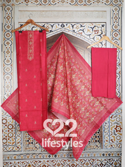 Red Linen Modal Blend Unstitched Salwar Suit