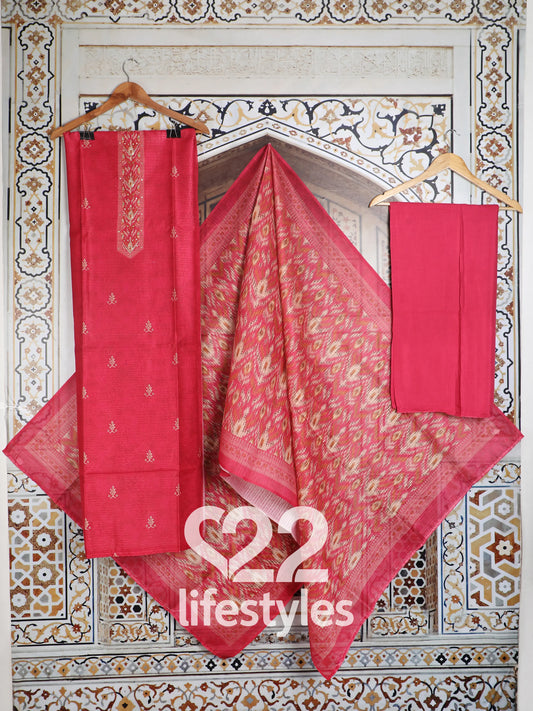 Red Linen Modal Blend Unstitched Salwar Suit