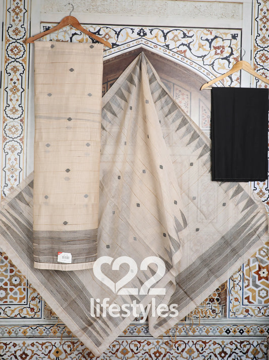 Beige & Black Jamdani Unstitched Salwar Suit