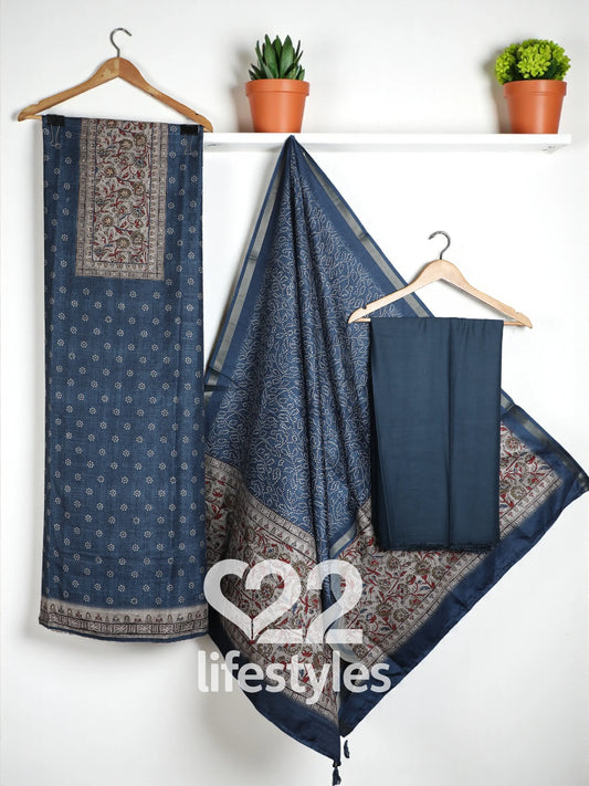 Blue Tussar Unstitched Salwar Suit